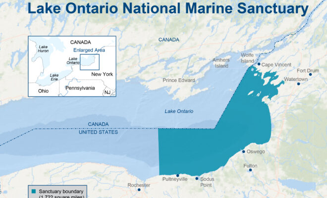Map of eastern Lake Ontario showing Lake Ontario National Marine Sanctuary's boundaries, which encompasses 1,722 square miles/ noaa.gov