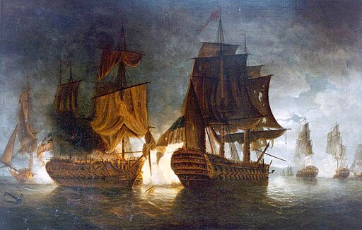Ships during revolutionary war. Painting by William Elliott, Public domain, via Wikimedia Commons